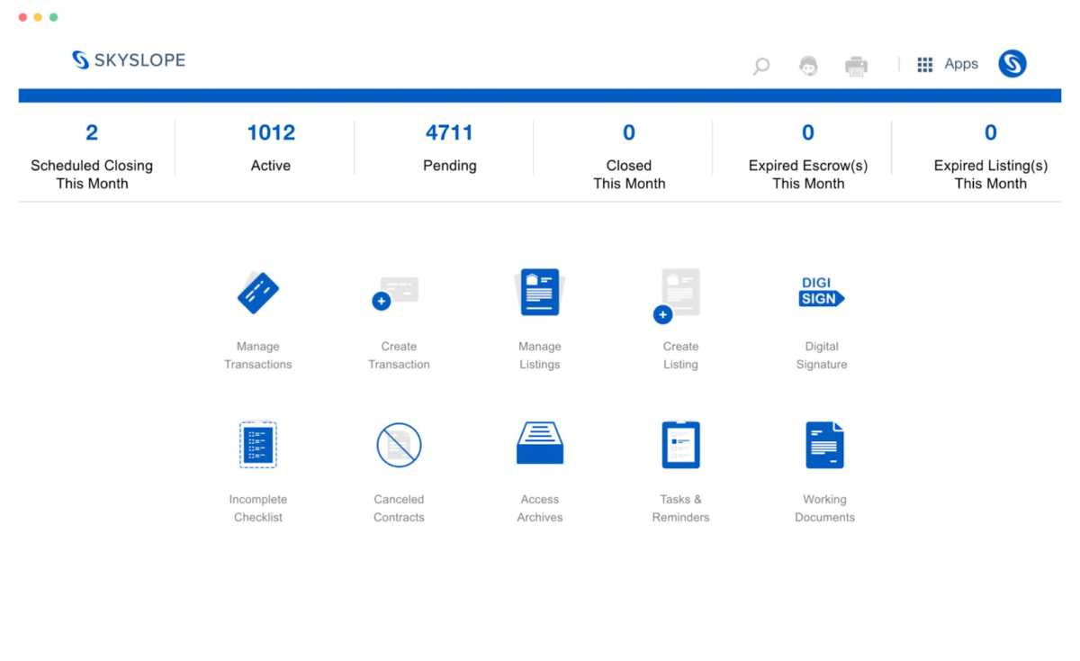 agent dashboard with transaction counts across the top and quick link buttons underneath.