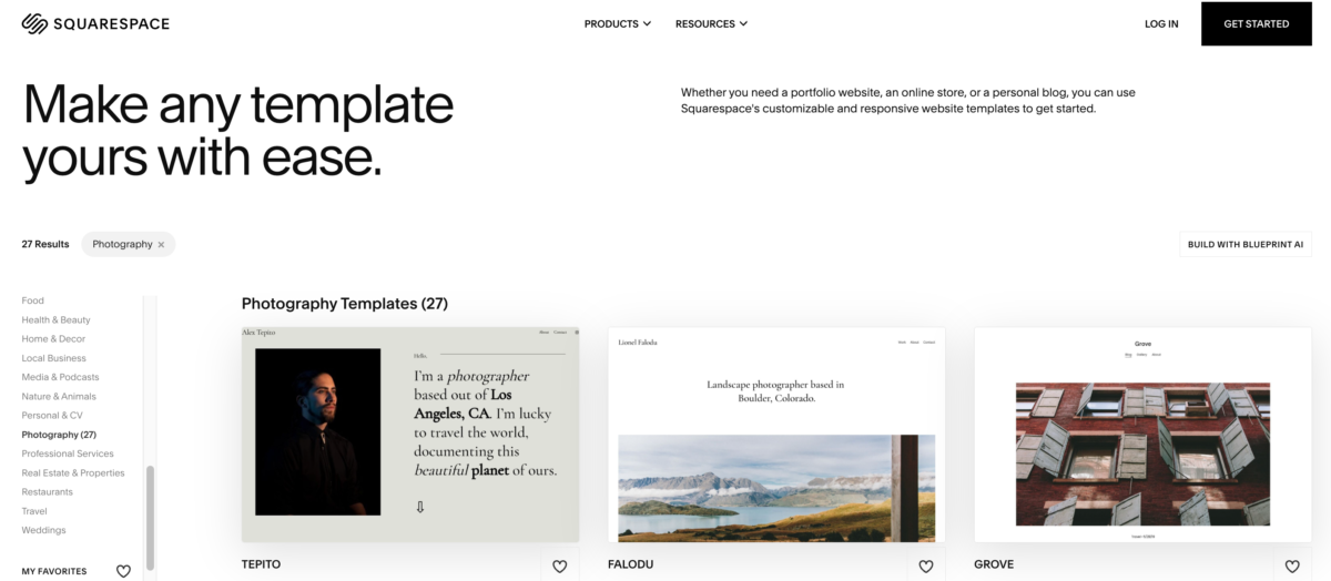 Samples of Squarespace's photography templates