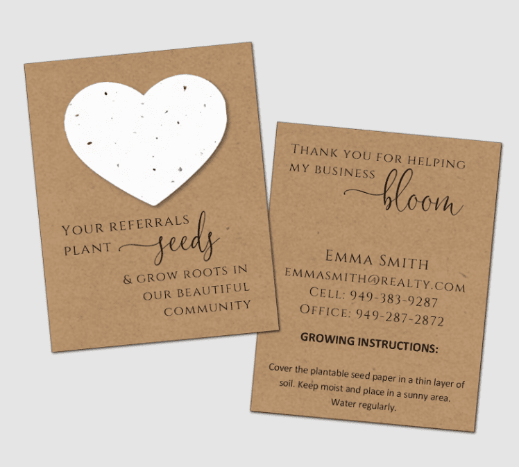 Seed paper cards with custom text, such as the agent's message and contact info.