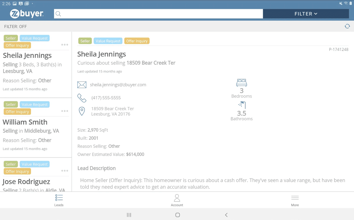 Screenshot of zBuyer lead pipeline example.