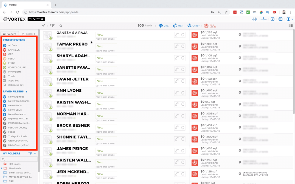 Screenshot of REDX leads from Vortex.